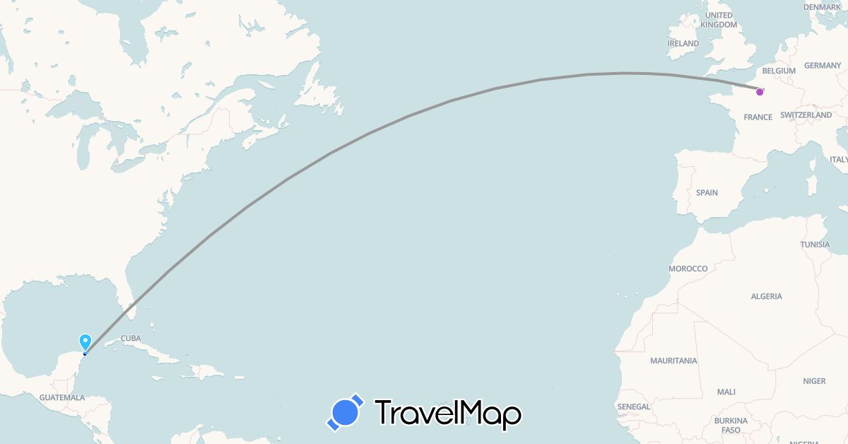 TravelMap itinerary: driving, plane, train, boat in France, Mexico (Europe, North America)